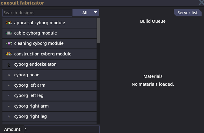 UI of the Exosuit Fabricator with no materials