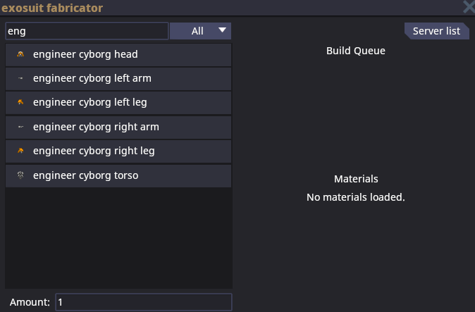 UI of the Exosuit Fabricator after searching and engineer cyborg.