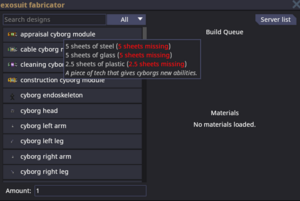 UI of exosuit fabricator hovering over an item